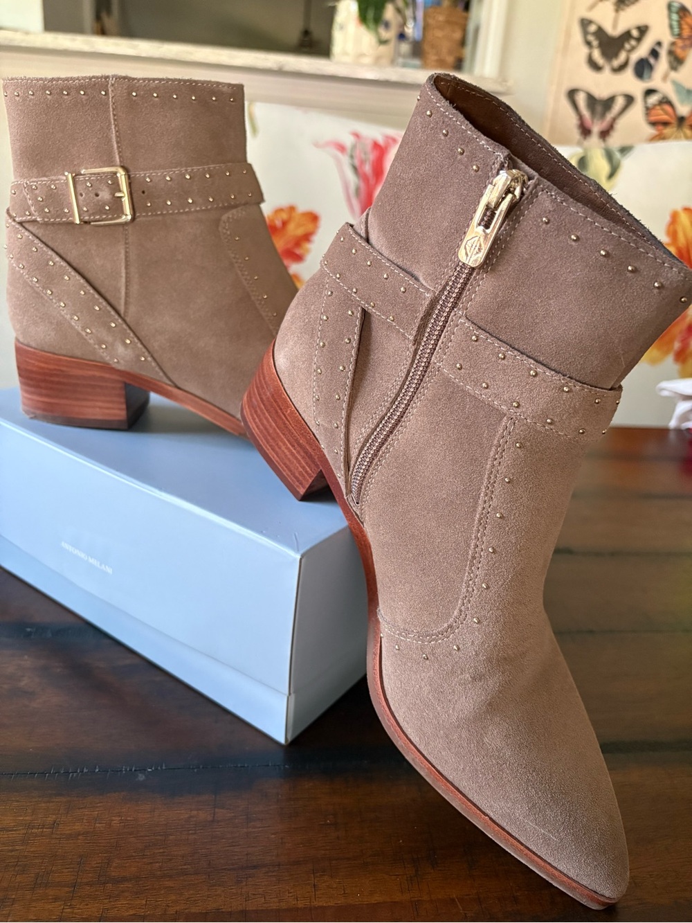 ANTONIO MELANI Taupe Suede Studded Ankle Booties